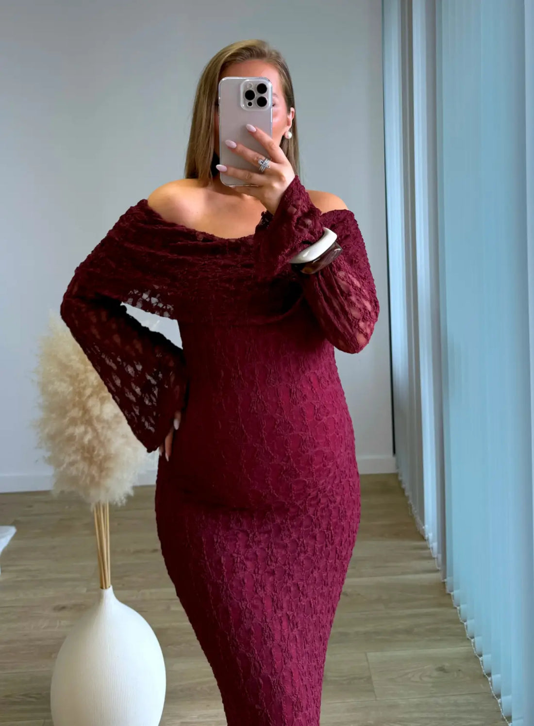 ALESSIA - Robe longue de grossesse col bardot burgundy