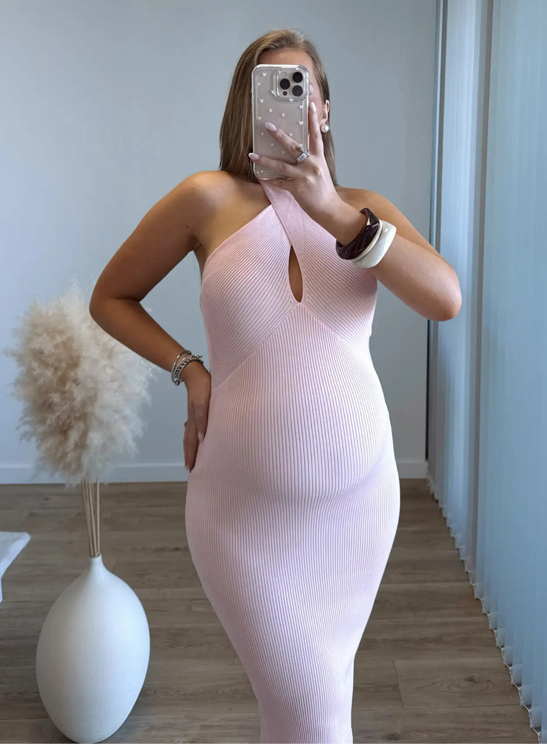 AMBRE - Robe longue de grossesse et allaitement côtelée rose pastel