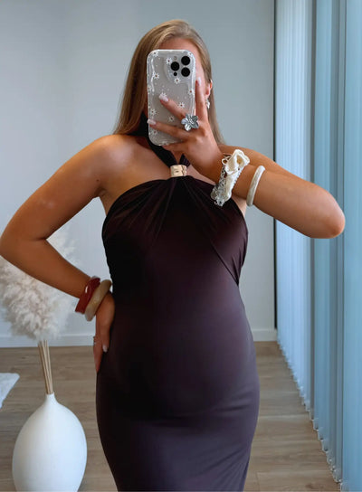 CANCUN - Robe longue de grossesse marron avec bijou