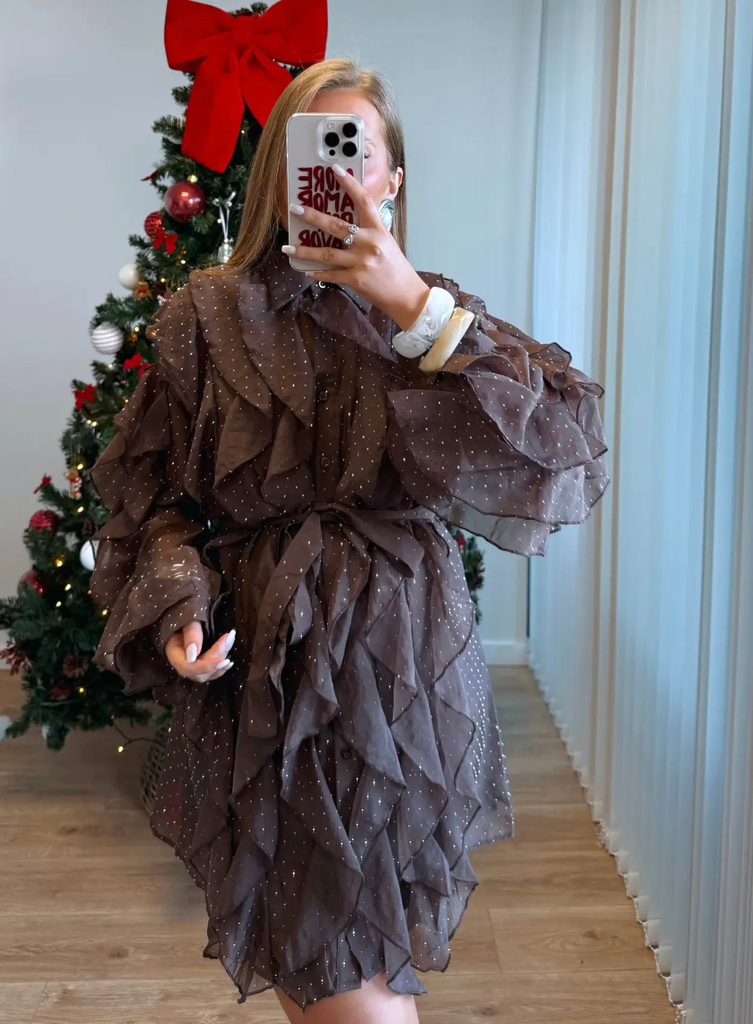 CUPIDON - Robe courte de grossesse marron à volants et paillettes