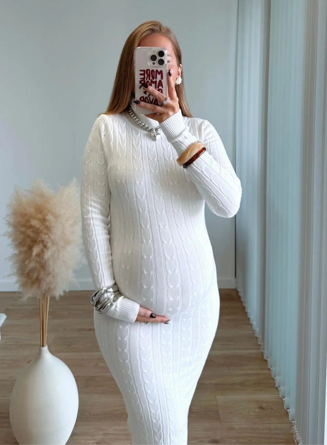 JADE - Robe mi-longue de grossesse torsadée blanche