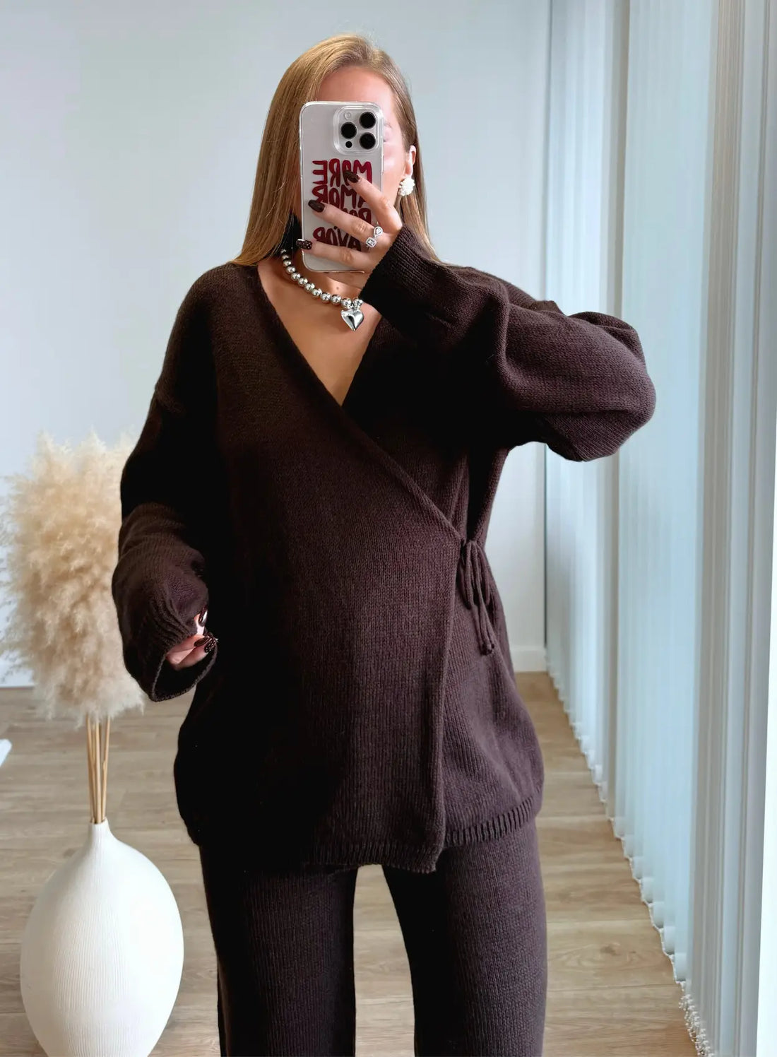 KACY - Ensemble kimono de grossesse en maille chocolat