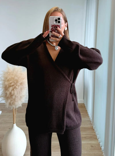KACY - Ensemble kimono de grossesse en maille chocolat