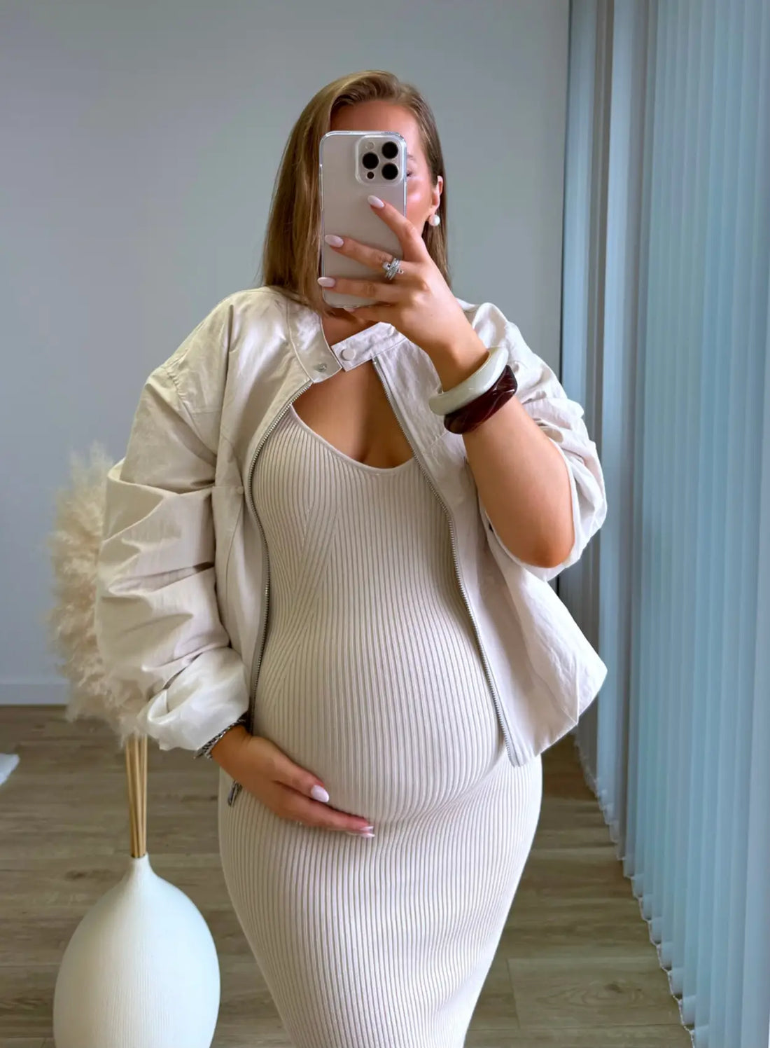 LENA - Robe mi-longue de grossesse côtelée beige