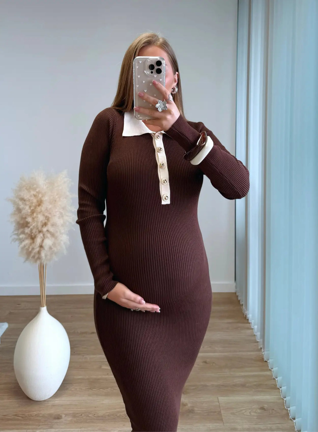 LILY - Robe longue de grossesse et allaitement côtelée chocolat