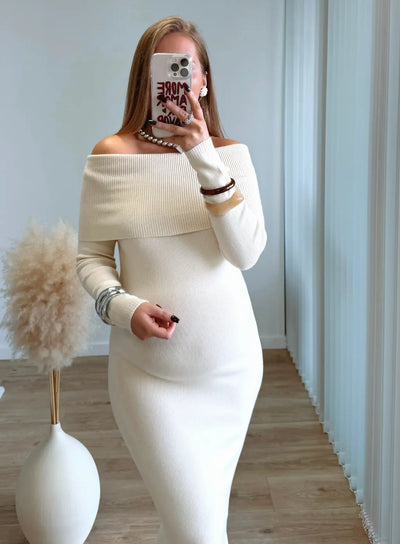LOLA - Robe longue de grossesse col bardot beige