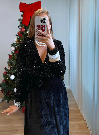 TONNERRE - Robe longue de grossesse à sequins et paillettes noire