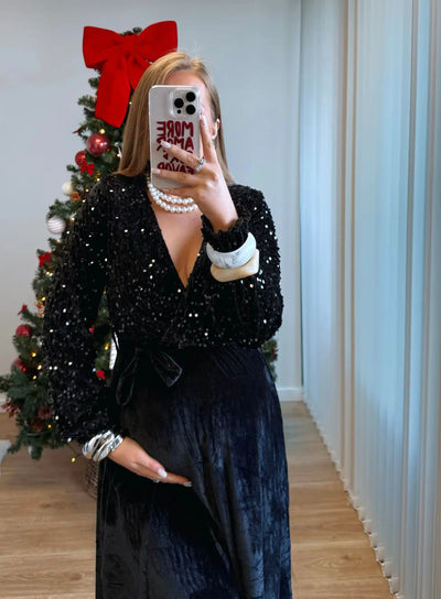 TONNERRE - Robe longue de grossesse à sequins et paillettes noire