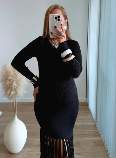 WENDY - Robe longue de grossesse côtelée noire à franges