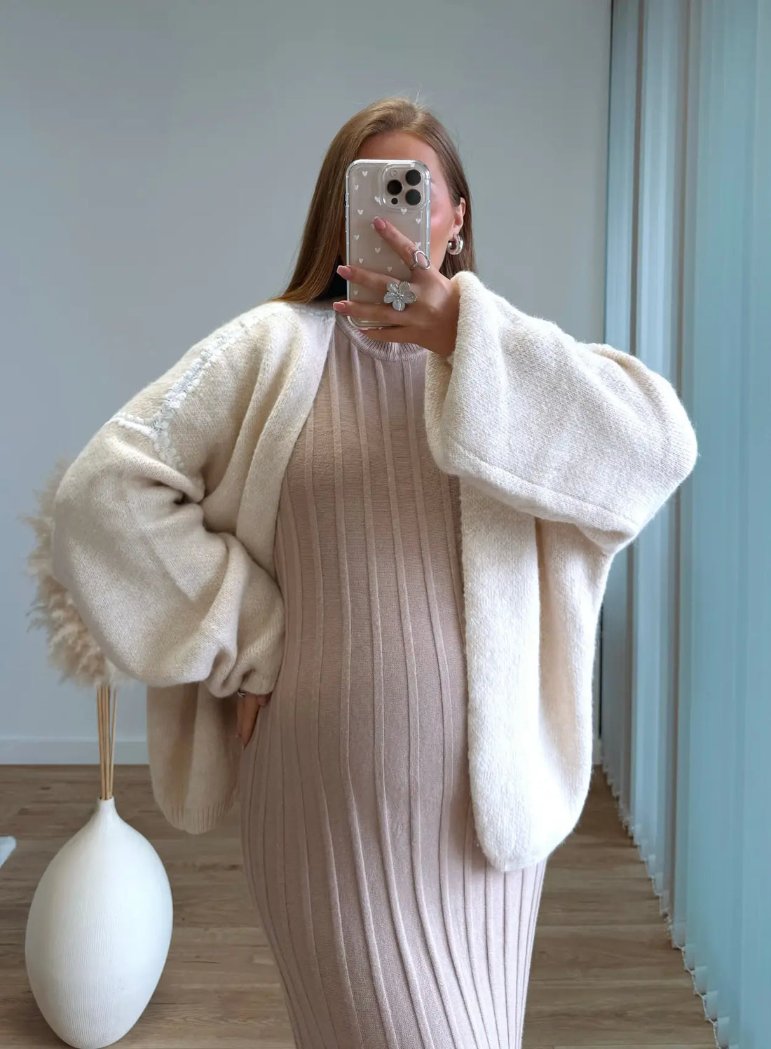 LIA - Robe longue de grossesse en maille beige